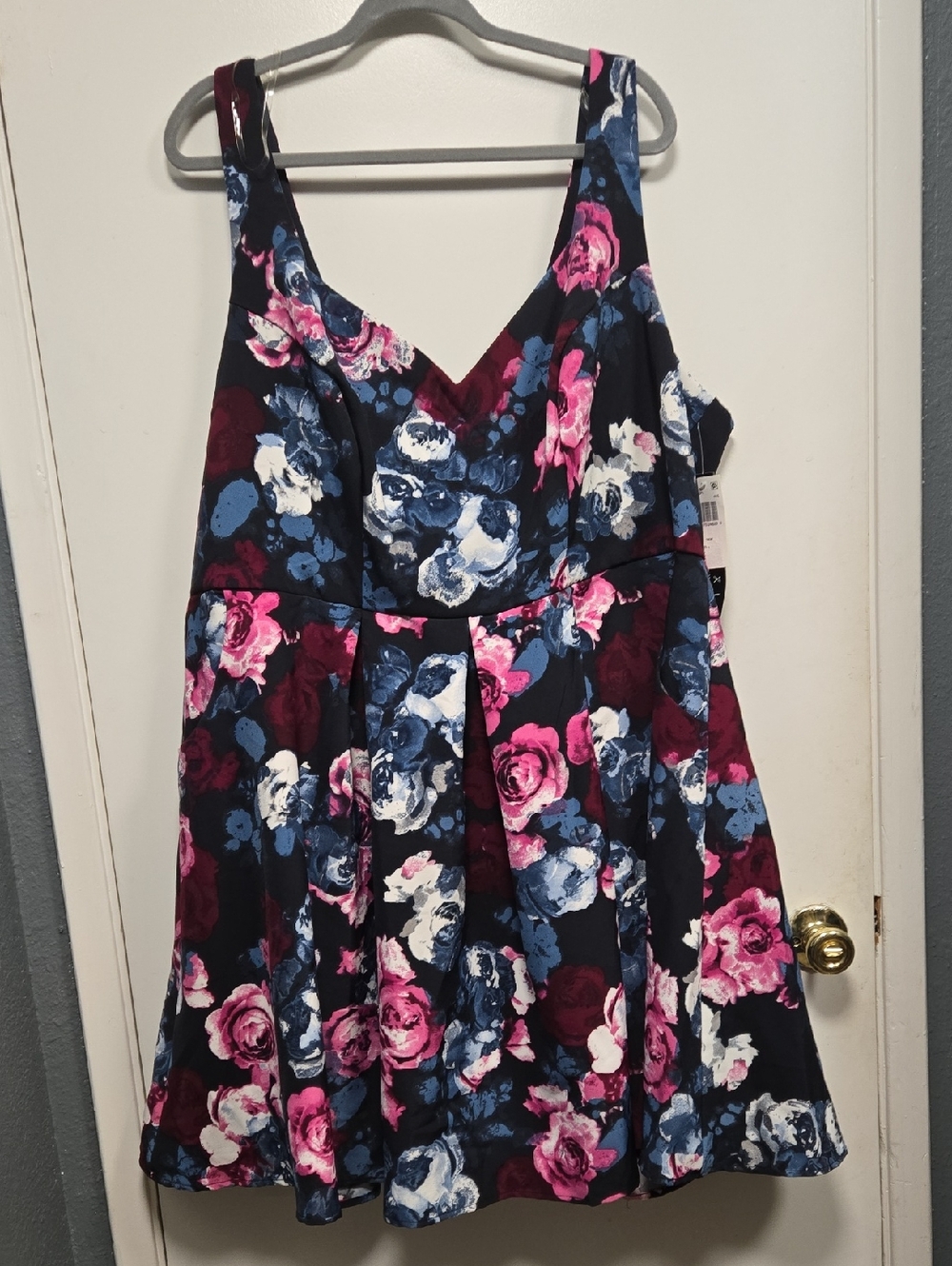 Navy Floral Fit & Flare Dress with Pink and Blue Roses